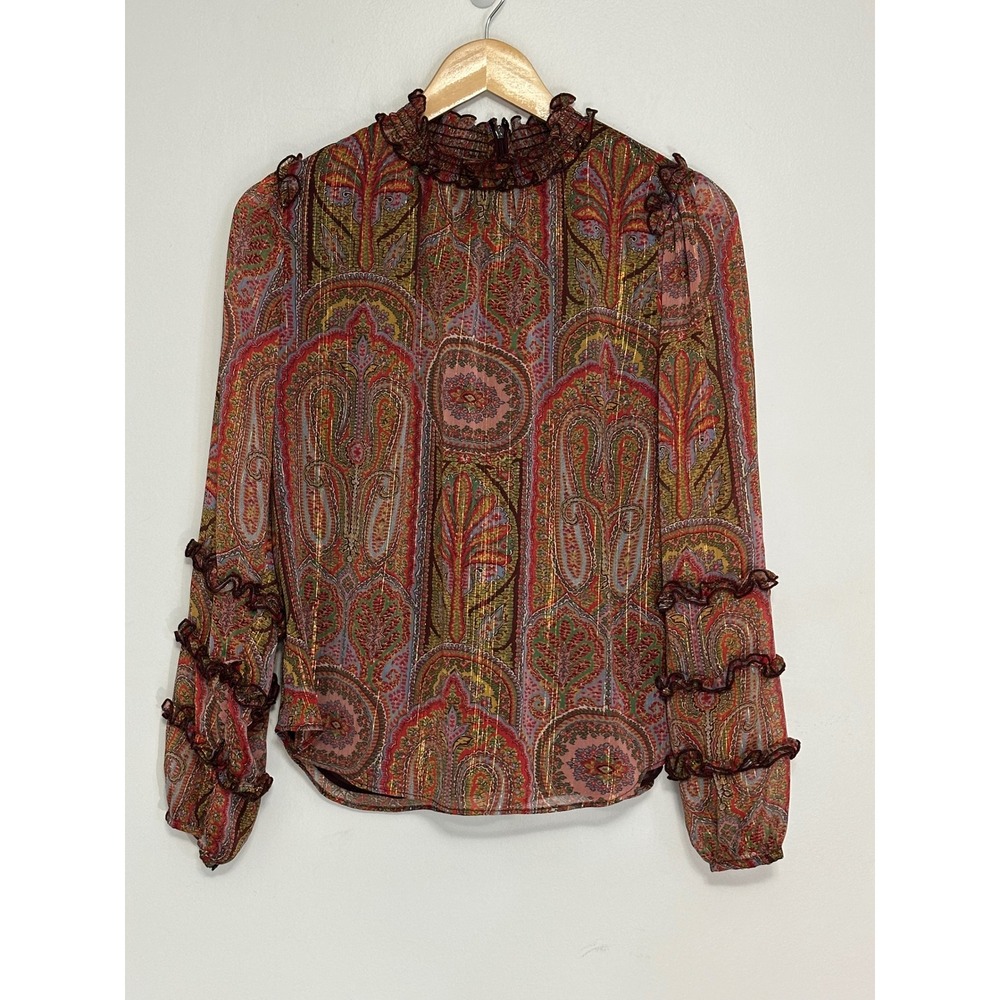Ann Taylor Metallic Smocked Neck Blouse Womens S Paisley Girly Office Autumn